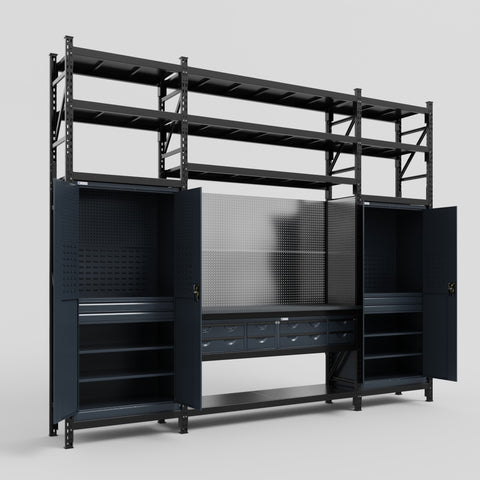 M121 Modular Work Bench with Shelves - H3100mm x W3840mm | Laminate WBT | Dark Grey