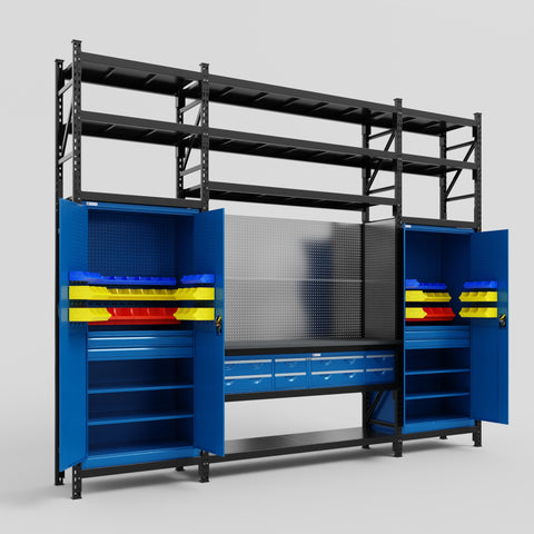 M121 Modular Work Bench with Shelves - H3100mm x W3840mm | Laminate WBT | Blue