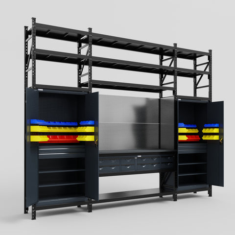 M121 Modular Work Bench with Shelves - H3100mm x W3840mm | Laminate WBT | Dark Grey