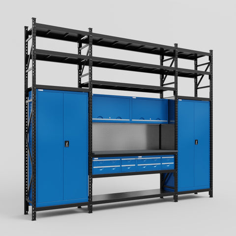 M121 Modular Work Bench with Shelves - H3100mm x W3840mm | Laminate WBT | Blue