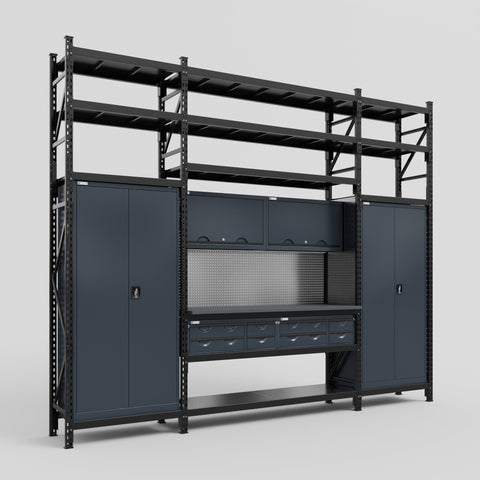 M121 Modular Work Bench with Shelves - H3100mm x W3840mm | Laminate WBT | Dark Grey