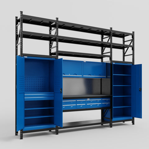 M121 Modular Work Bench with Shelves - H3100mm x W3840mm | Laminate WBT | Blue