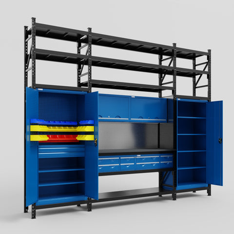 M121 Modular Work Bench with Shelves - H3100mm x W3840mm | Laminate WBT | Blue