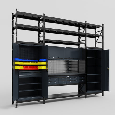 M121 Modular Work Bench with Shelves - H3100mm x W3840mm | Laminate WBT | Dark Grey