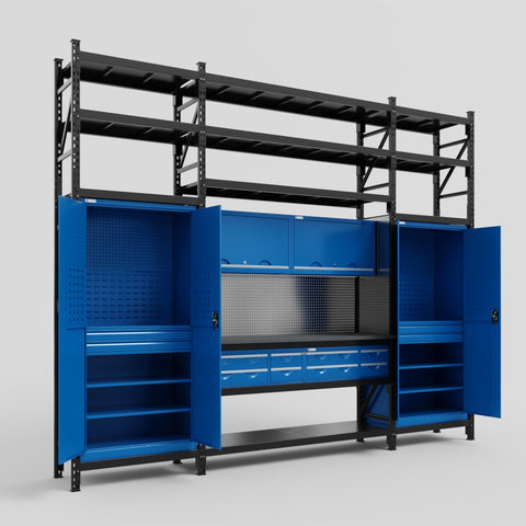 M121 Modular Work Bench with Shelves - H3100mm x W3840mm | Laminate WBT | Blue