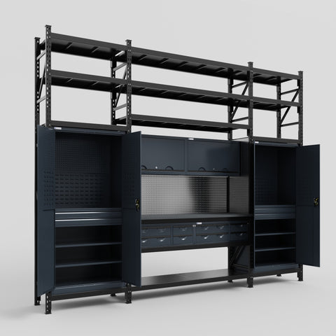 M121 Modular Work Bench with Shelves - H3100mm x W3840mm | Laminate WBT | Dark Grey