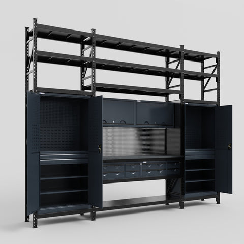 M121 Modular Work Bench with Shelves - H3100mm x W3840mm | Laminate WBT | Dark Grey
