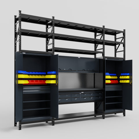 M121 Modular Work Bench with Shelves - H3100mm x W3840mm | Laminate WBT | Dark Grey