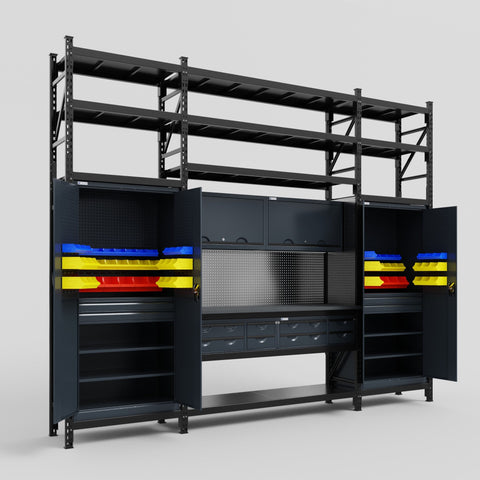 M121 Modular Work Bench with Shelves - H3100mm x W3840mm | Laminate WBT | Dark Grey