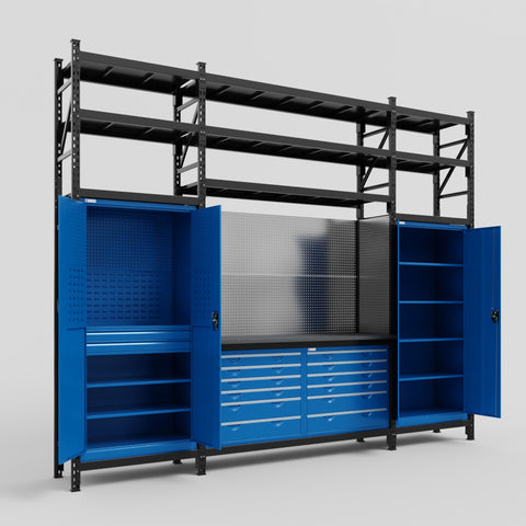 M121 Modular Work Bench with Shelves - H3100mm x W3840mm | Laminate WBT | Blue