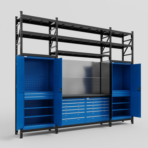 M121 Modular Work Bench with Shelves - H3100mm x W3840mm | Laminate WBT | Blue