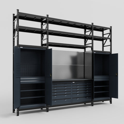 M121 Modular Work Bench with Shelves - H3100mm x W3840mm | Laminate WBT | Dark Grey