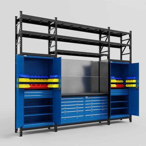M121 Modular Work Bench with Shelves - H3100mm x W3840mm | Laminate WBT | Blue