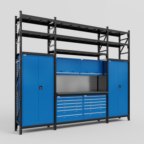 M121 Modular Work Bench with Shelves - H3100mm x W3840mm | Laminate WBT | Blue