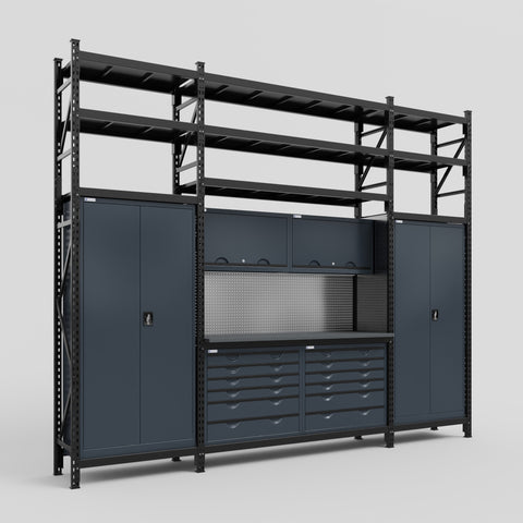 M121 Modular Work Bench with Shelves - H3100mm x W3840mm | Laminate WBT | Dark Grey