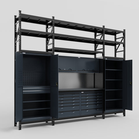 M121 Modular Work Bench with Shelves - H3100mm x W3840mm | Laminate WBT | Dark Grey