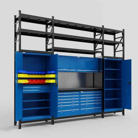 M121 Modular Work Bench with Shelves - H3100mm x W3840mm | Laminate WBT | Blue