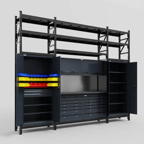 M121 Modular Work Bench with Shelves - H3100mm x W3840mm | Laminate WBT | Dark Grey