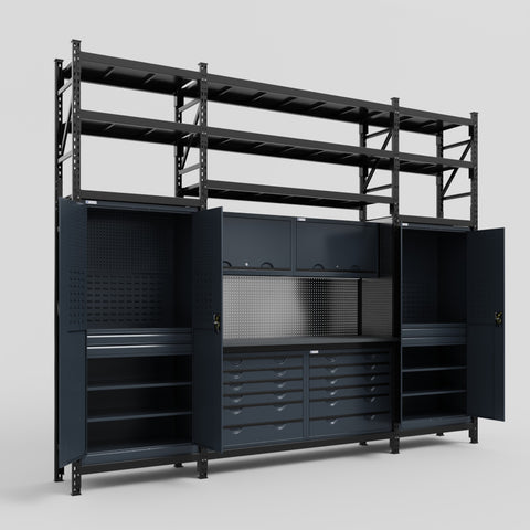 M121 Modular Work Bench with Shelves - H3100mm x W3840mm | Laminate WBT | Dark Grey