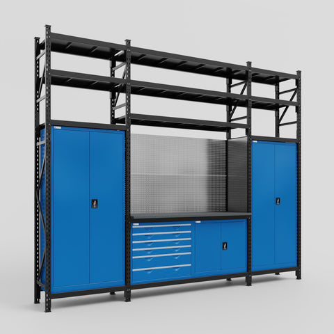 M121-3S Modular Work Bench with Shelves - H3100mm x W3840mm | Laminate WBT | Blue