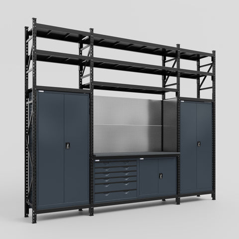 M121-3S Modular Work Bench with Shelves - H3100mm x W3840mm | Laminate WBT | Dark Grey