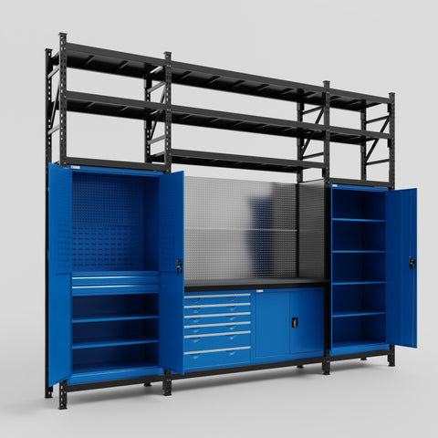 M121-3S Modular Work Bench with Shelves - H3100mm x W3840mm | Laminate WBT | Blue