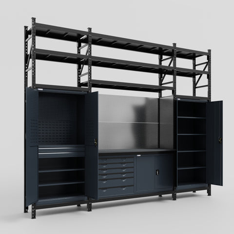 M121-3S Modular Work Bench with Shelves - H3100mm x W3840mm | Laminate WBT | Dark Grey