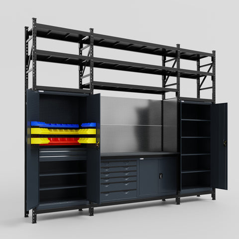 M121-3S Modular Work Bench with Shelves - H3100mm x W3840mm | Laminate WBT | Dark Grey