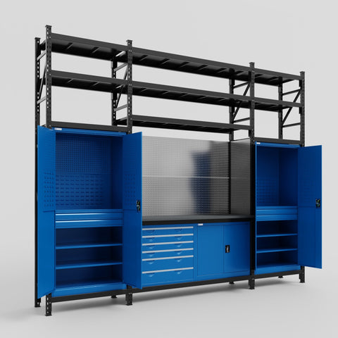 M121-3S Modular Work Bench with Shelves - H3100mm x W3840mm | Laminate WBT | Blue