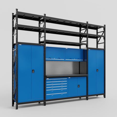 M121-3S Modular Work Bench with Shelves - H3100mm x W3840mm | Laminate WBT | Blue