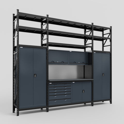 M121-3S Modular Work Bench with Shelves - H3100mm x W3840mm | Laminate WBT | Dark Grey