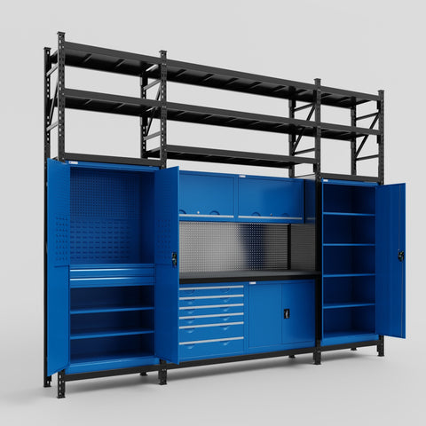 M121-3S Modular Work Bench with Shelves - H3100mm x W3840mm | Laminate WBT | Blue