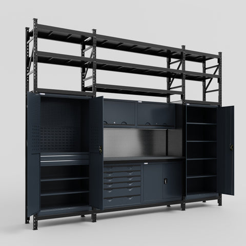 M121-3S Modular Work Bench with Shelves - H3100mm x W3840mm | Laminate WBT | Dark Grey