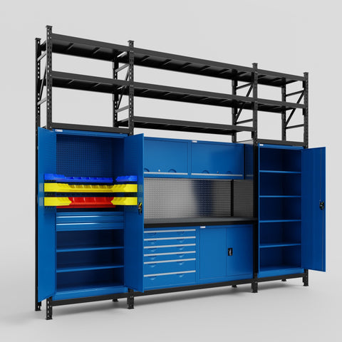 M121-3S Modular Work Bench with Shelves - H3100mm x W3840mm | Laminate WBT | Blue