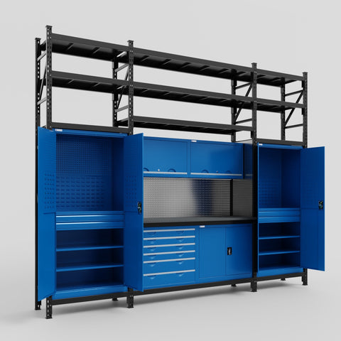 M121-3S Modular Work Bench with Shelves - H3100mm x W3840mm | Laminate WBT | Blue