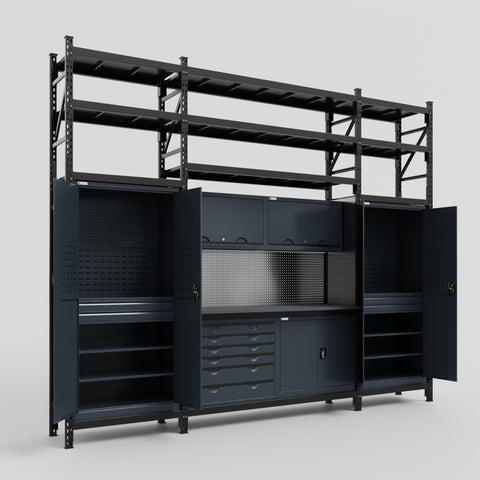M121-3S Modular Work Bench with Shelves - H3100mm x W3840mm | Laminate WBT | Dark Grey