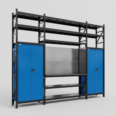 M121 Modular Work Bench with Shelves - H3100mm x W3840mm | Laminate WBT | Blue