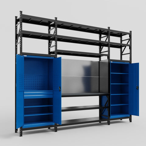 M121 Modular Work Bench with Shelves - H3100mm x W3840mm | Laminate WBT | Blue