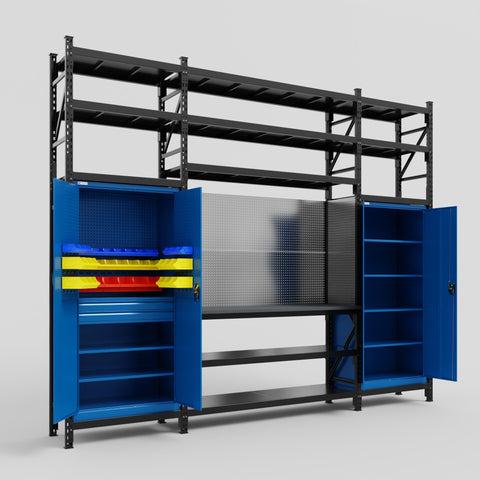 M121 Modular Work Bench with Shelves - H3100mm x W3840mm | Laminate WBT | Blue