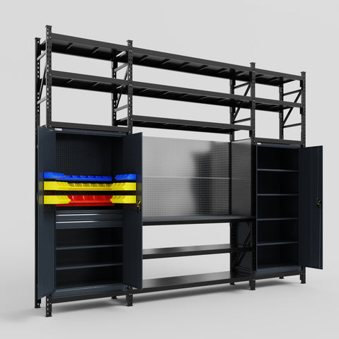 M121 Modular Work Bench with Shelves - H3100mm x W3840mm | Laminate WBT | Dark Grey