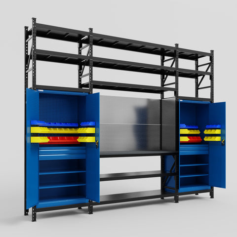 M121 Modular Work Bench with Shelves - H3100mm x W3840mm | Laminate WBT | Blue