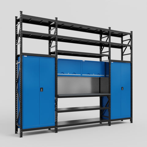M121 Modular Work Bench with Shelves - H3100mm x W3840mm | Laminate WBT | Blue