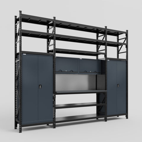 M121 Modular Work Bench with Shelves - H3100mm x W3840mm | Laminate WBT | Dark Grey