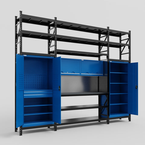 M121 Modular Work Bench with Shelves - H3100mm x W3840mm | Laminate WBT | Blue