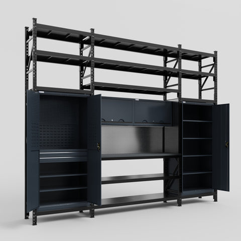M121 Modular Work Bench with Shelves - H3100mm x W3840mm | Laminate WBT | Dark Grey