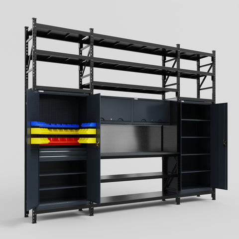 M121 Modular Work Bench with Shelves - H3100mm x W3840mm | Laminate WBT | Dark Grey