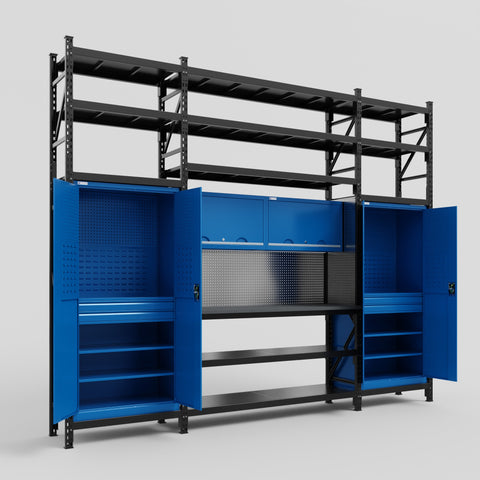 M121 Modular Work Bench with Shelves - H3100mm x W3840mm | Laminate WBT | Blue