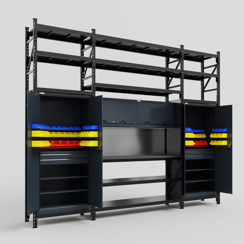 M121 Modular Work Bench with Shelves - H3100mm x W3840mm | Laminate WBT | Dark Grey