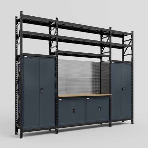 M121 Modular Work Bench with Shelves - H3100mm x W3840mm | MDF WBT | Dark Grey