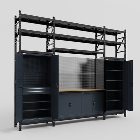 M121 Modular Work Bench with Shelves - H3100mm x W3840mm | MDF WBT | Dark Grey